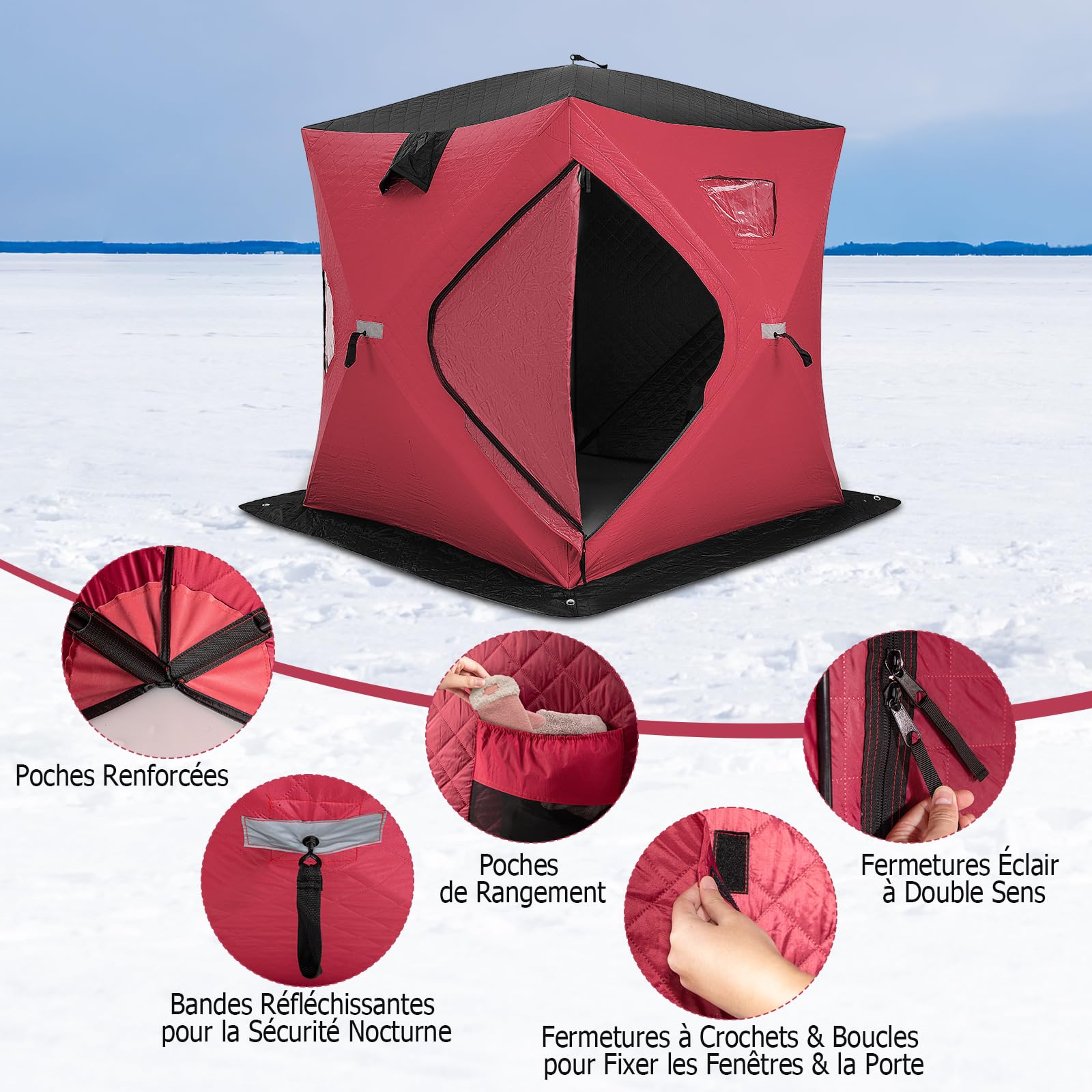 COSTWAY Tente de Pêche sur Glace Portable 2x2M, Abri de Pêche Isolé Pop-Up pour 2 Personnes avec Fenêtres Porte Zippée Aérations Sac de Transport, Cabane de Glace Imperméable d'hiver