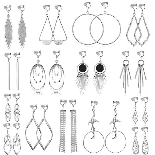 15 Pairs Wholesale Clip on Earrings for Women Trendy,Lightweight Clipon Earrings for Women in Silver Tone