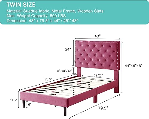 Miniatura 8 de Base de cama de plataforma tapizada completa con cabecero ajustable de 48 pulgadas de alto, cama de terciopelo de gamuza copetuda con botones,