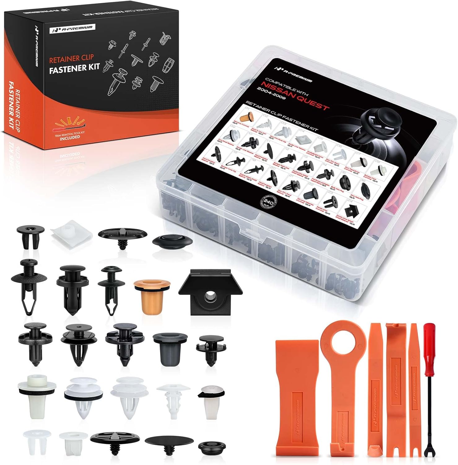 A-Premium 240PCS (45.76 oz/24 Sizes) Bumper Retainer Clips w/Removal Tool Compatible with Nissan Quest 2004-2009 Fender Fasteners Assortment Hood Tail Lamp Clips Door Trim Panel Push Pin Rivets Set