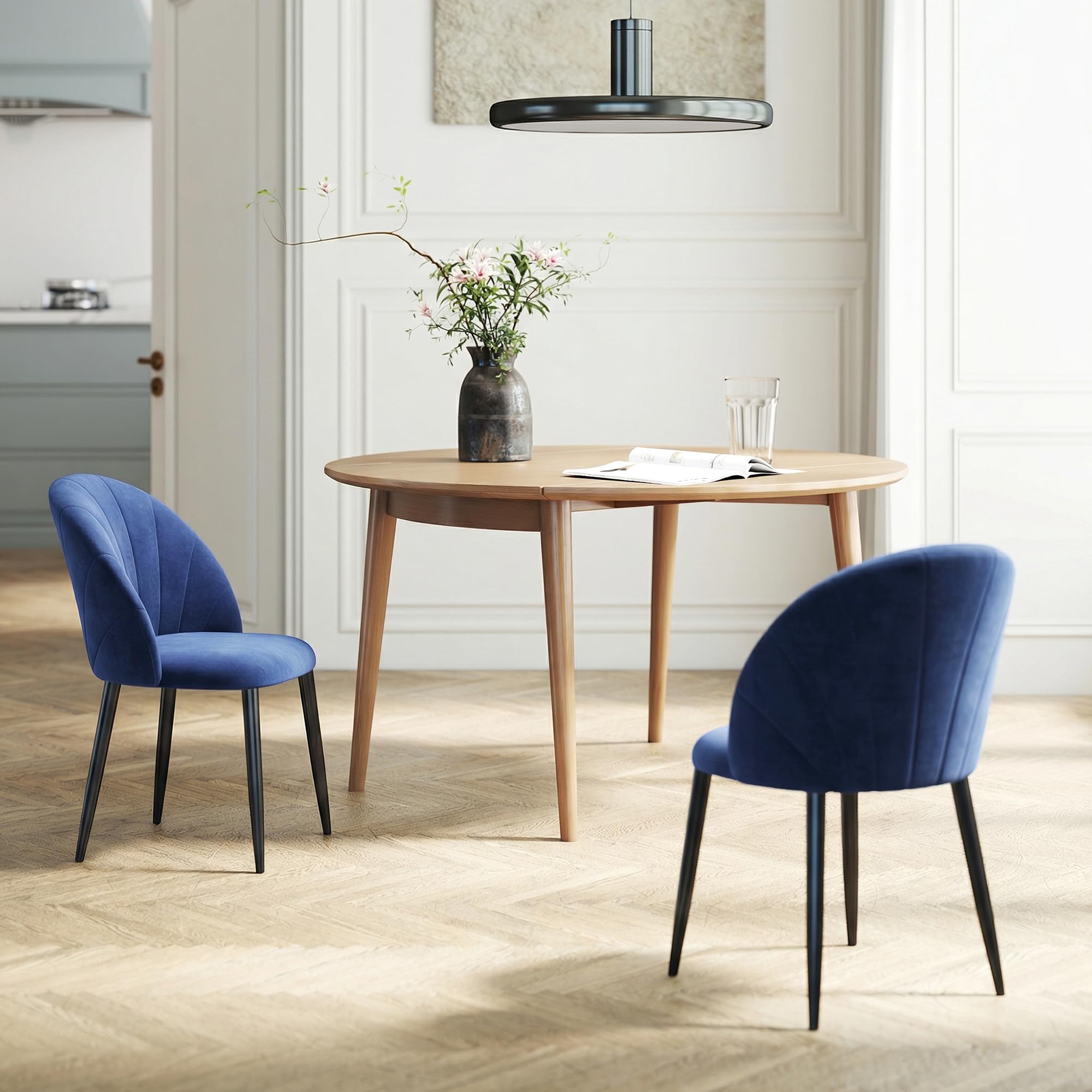 HOMCOM Lot de 2 Chaises de Salle à Manger Rembourrées sans Accoudoirs Bleu | Chaises de Cuisine, Sans Accoudoirs, Assise Large, Pieds en Acier, Tissu en Velours, pour Salon, Maison