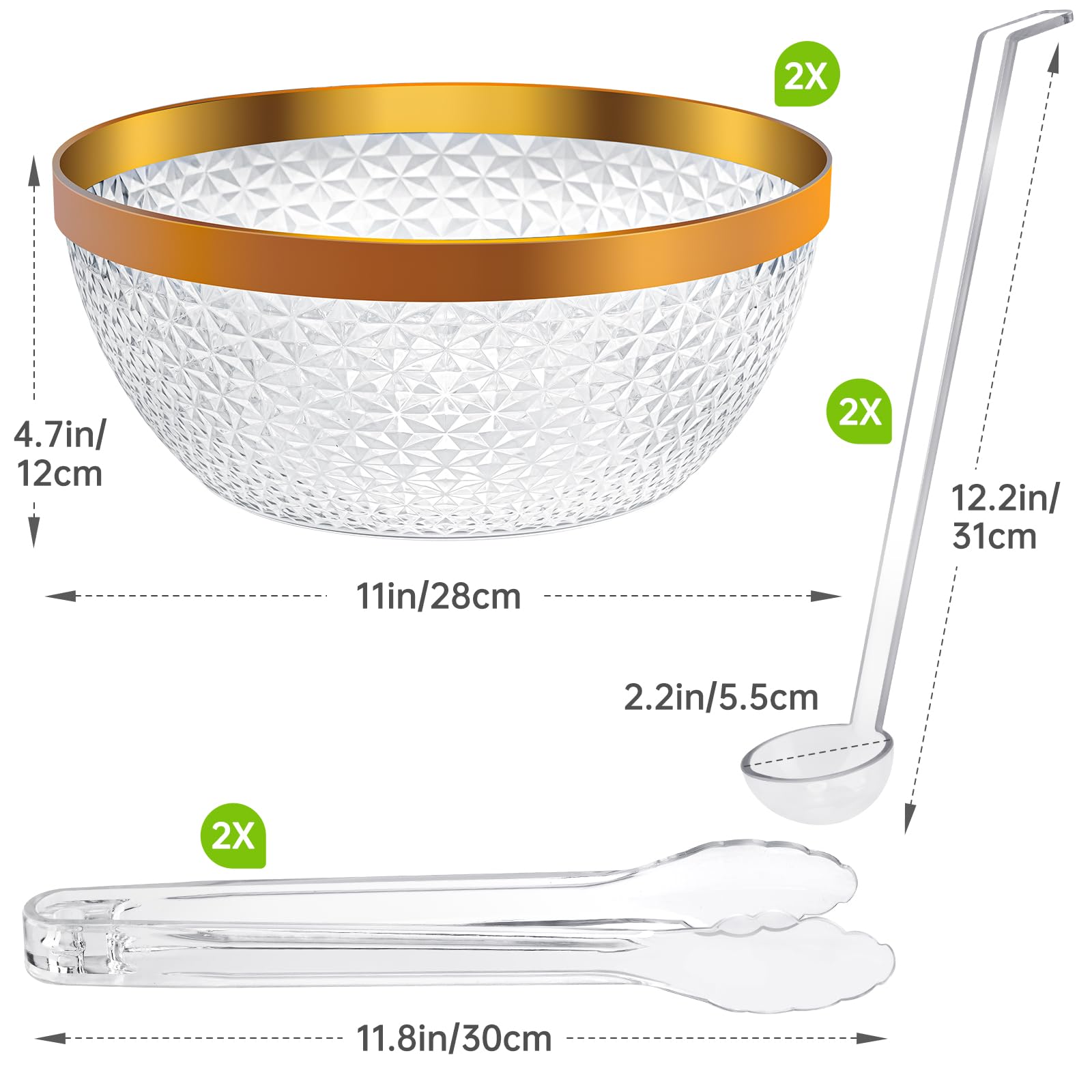 NiHome Lot de 2 bols à punch en plastique transparent avec louche et pince pour fêtes, mariages, barbecues, 4 litres - Ensemble complet pour cocktails, salades, collations - Facile à nettoyer