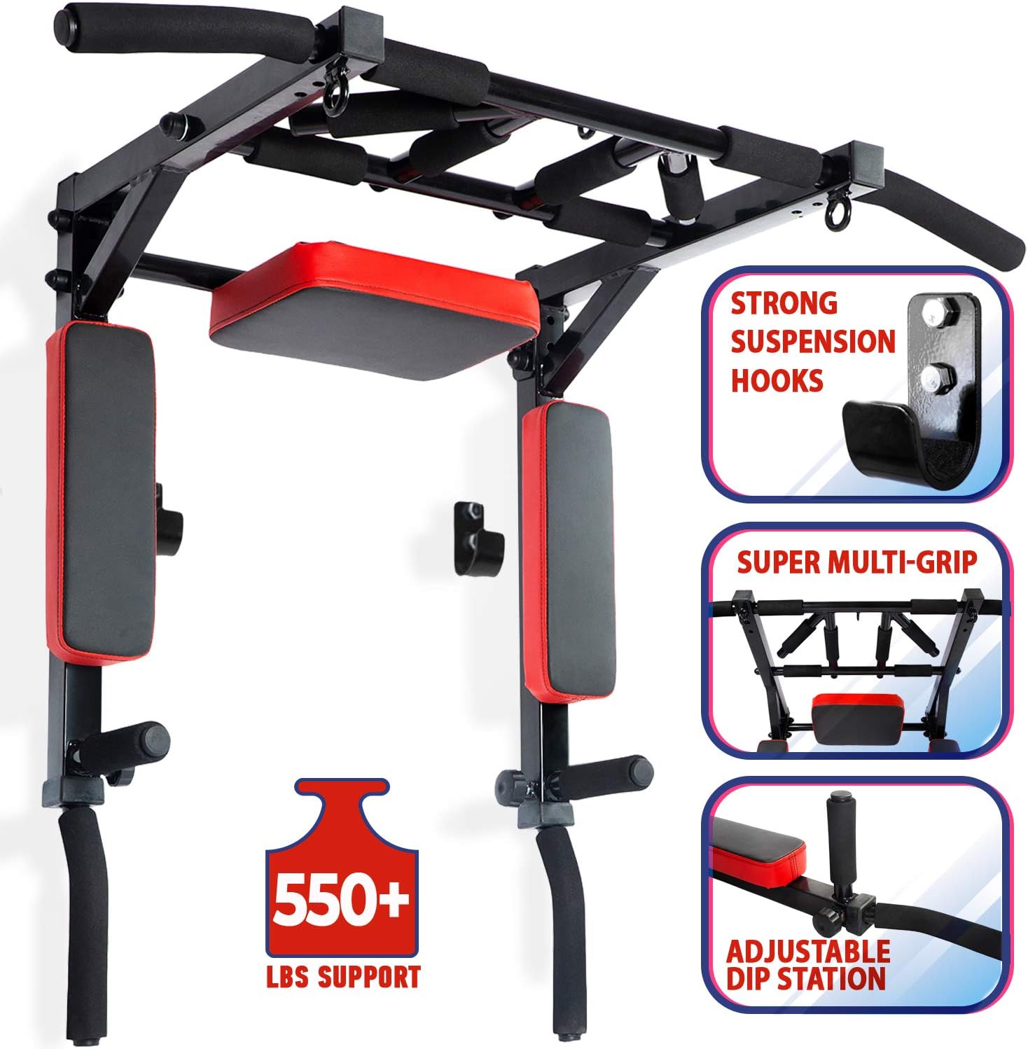 Kit4Fit Wall Mounted Pull Up Bar and Dip Station Multi-Grip Chin Up Bar Dip Stands Compact Power Tower Set Training Equipment Supports to 550 Lbs