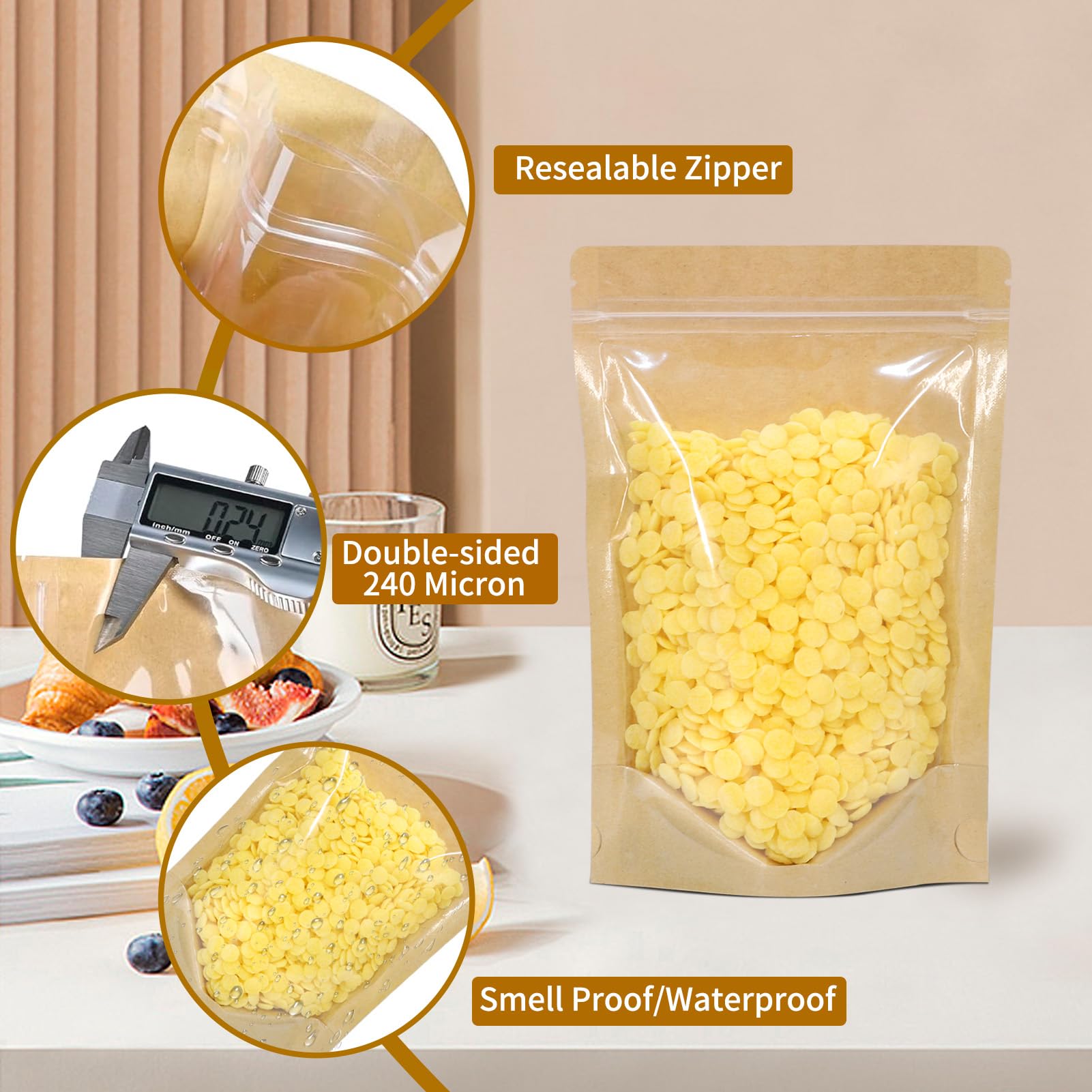 Lot de 100 sacs en papier kraft avec fenêtre - Transparents et refermables - Pour stockage des aliments (kraft, 20 x 29 cm)
