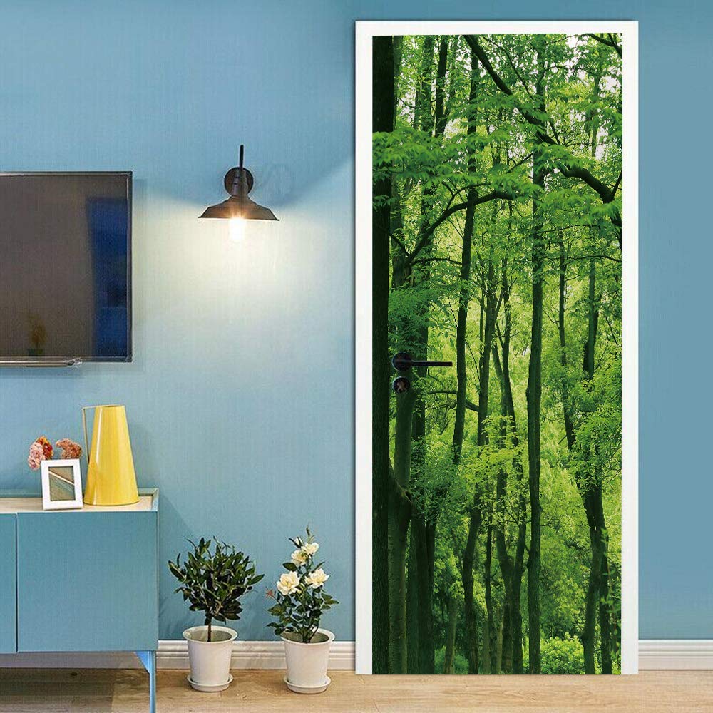 Sticker de porte trompe l'oeil forêt 90x200cm poster bosquet vert