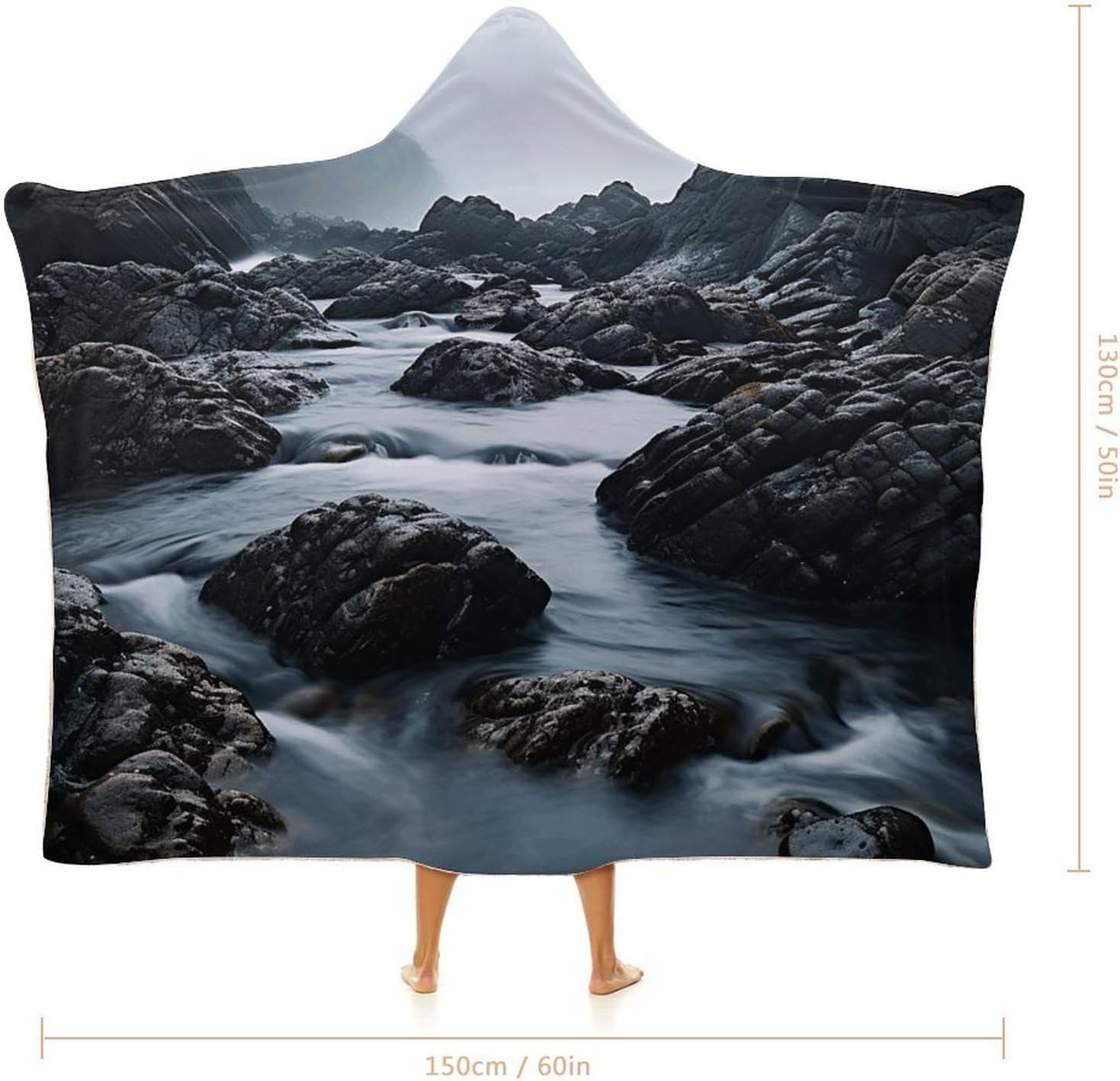 Foggy Rocks in Water Hooded Blanket Cozy And Functional,Wearable Blanket Hoodie for Women Men,Blanket Poncho Presents50 x60