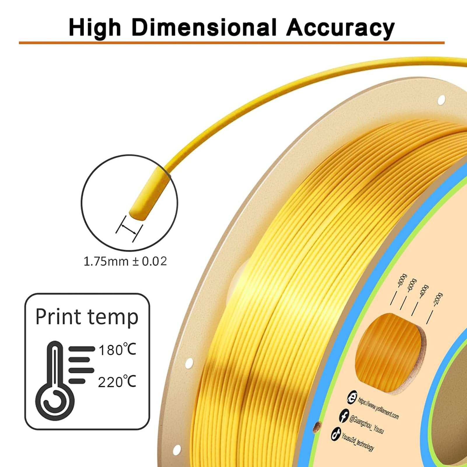 YOUSU Filamento PLA de Seda para Impresora 3D de 1,75 mm, Filamento de Impresora 3D PLA de Seda Dorada, Precisión Dimensional / 0,03 mm, Acabado Metálico Brillante con Paquete (Azul)