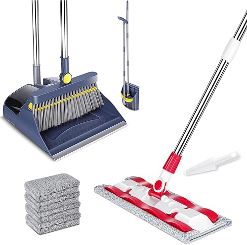 Juego de escoba y recogedor + trapeador profesional para piso, incluye 4 almohadillas de microfibra y 1 raspador de limpieza, recogedor vertical y
