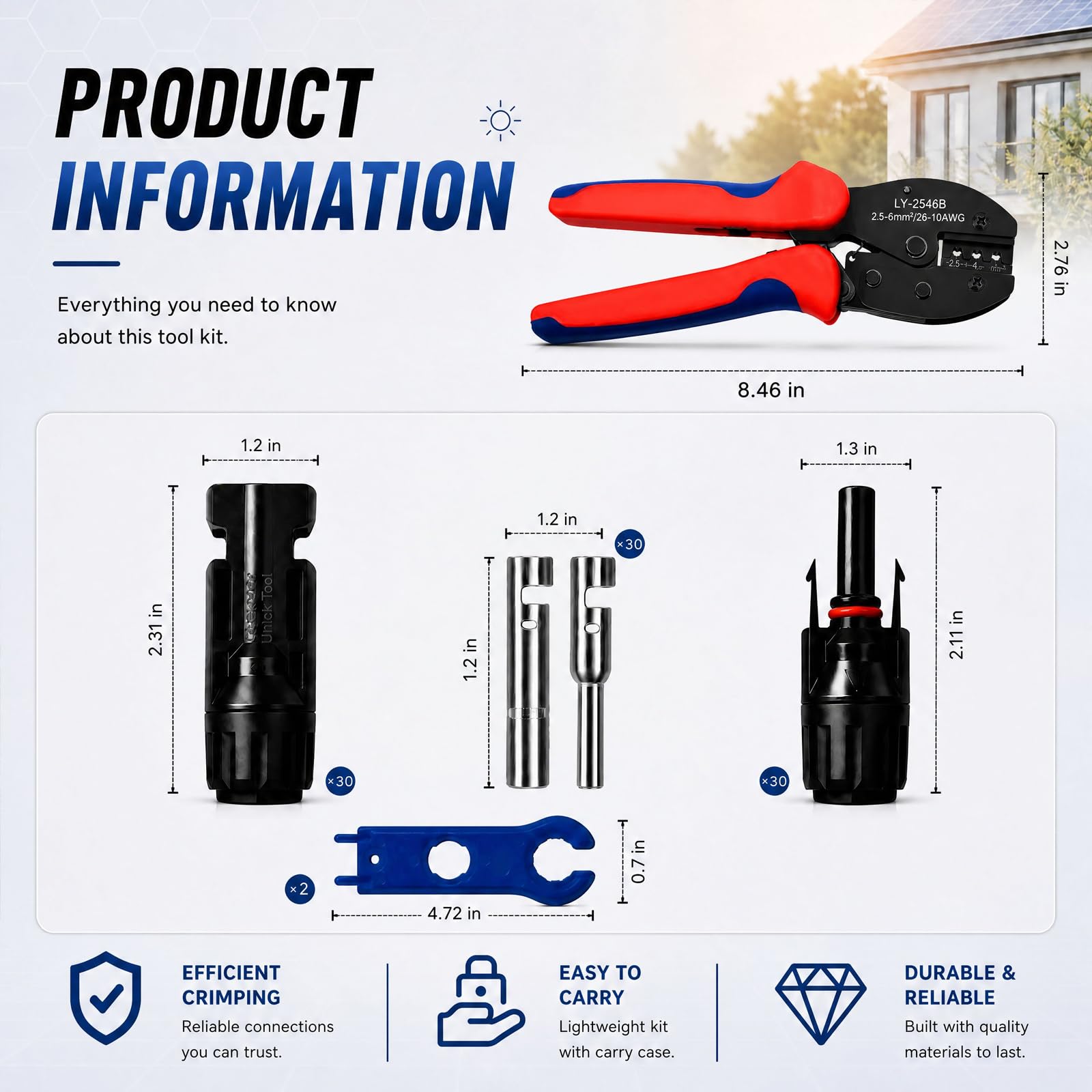 Kit di strumenti per crimpatura di connettori solari con connettori per pannelli solari, 30 paia, chiave connettore MC4 per assemblaggio e installazione di cavi PV 14-10 AWG