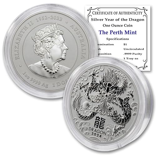 2024 P 1 oz Silver Australian Lunar Series III Year of the Dragon Coin (in Capsule) Brilliant Uncirculated with Certificate of Authenticity $1