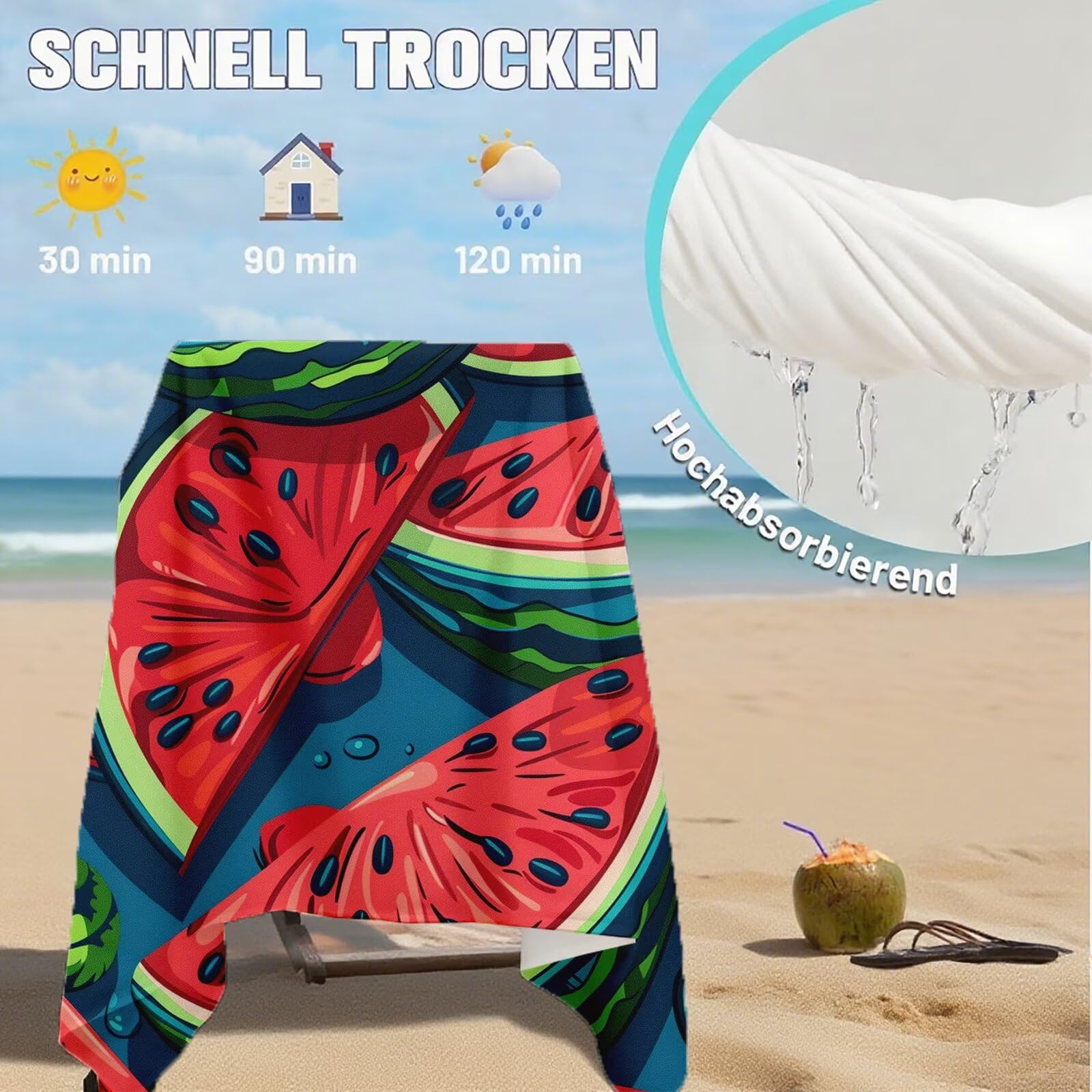 Serviette de Plage Microfibre Serviette Plage 80x180 2 Pack Séchage Rapide, Anti-Sable, Absorbante Fonction drap de plage xxl pour Bain, Sport, Voyages, Sauna, Piscine, Yoga, avec Sac Pastèque Q-268