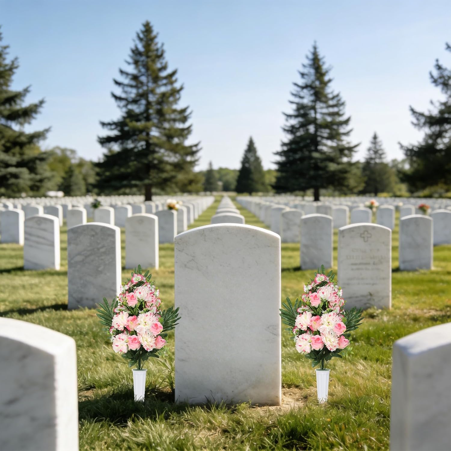 2PCS Artificial Pink Cemetery Flowers, Mixed Chrysanthemum and Peony Flower Bouquets, Cemetery Flowers with Vase for Memorial Day Funeral Floral Arrangements,Headstone Decorations (Pink)