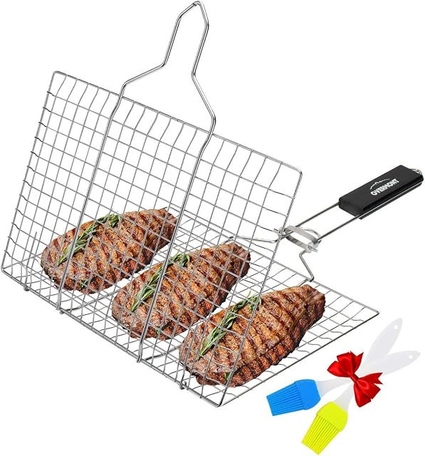 Overmont Stainless Steel BBQ Tool Grilling Basket, Barbecue Rack Grill Accessories for Fish, Vegetable, Steak, Shrimp Kabob skewers and Bonus Two Additional Sauce Brushes