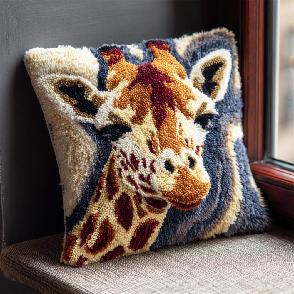 kitphoenix Pillow Latch Hook Kit Giraffe Pattern Rug Canvas Knit Cushion Embroidery 17"X17" (43X43 Cm) Carpet Crocheting