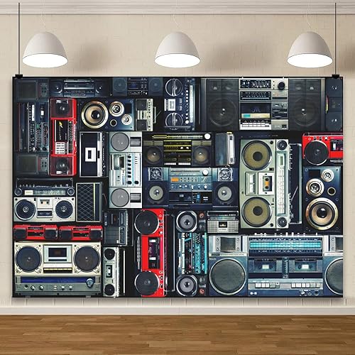 Miniatura 2 de YongFoto Fondo de pared de radio Boombox de nostalgia vintage de 12 x 10 pies con altavoz de audio anticuado, fondo de fotografía de regreso a los