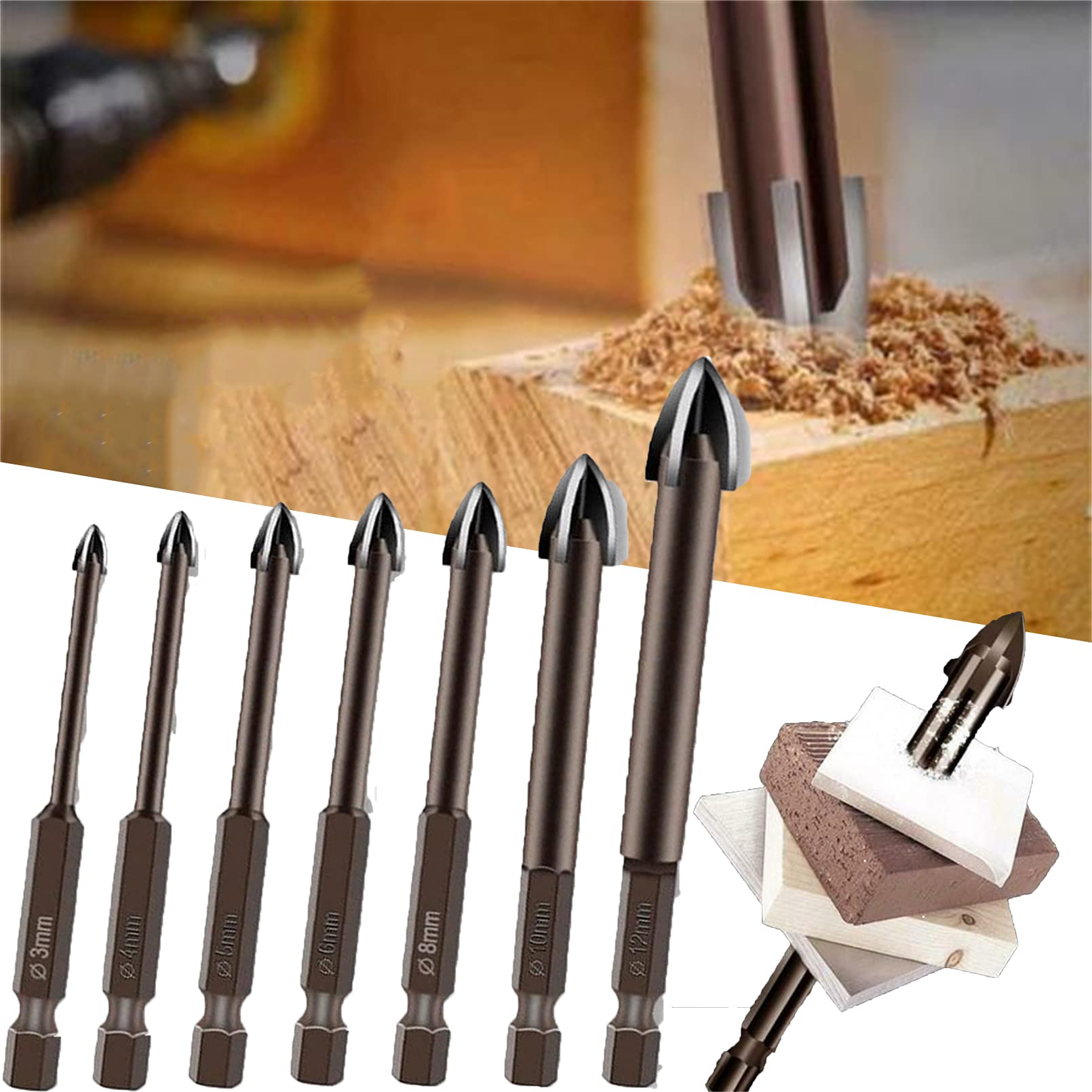 Wituhmg 7 Pcs Hexagon Shank Cross Triangle Drill Four Blade Ceramic Glass Drill, 3Mm To 12Mm Drill Bits Glass Bits, Concrete Drill Bit Set For Tile Glass Ceramic Brick Wood