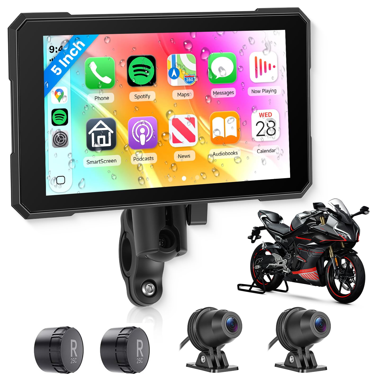 5'' motorcycle carplay gps, wireless carplay & android auto portable touchscreen with tpms&anti theft, ip67 waterproof, gps,bluetooth, siri/g-assistant, voice control, bracket (include tpms)