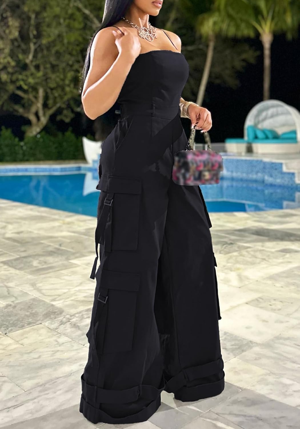 Tbahhir Women Casual Cargo Jumpsuits Sleeveless Strap High Waisted Jumpsuit Wide Leg Romper with Pockets Party Club - Image 3