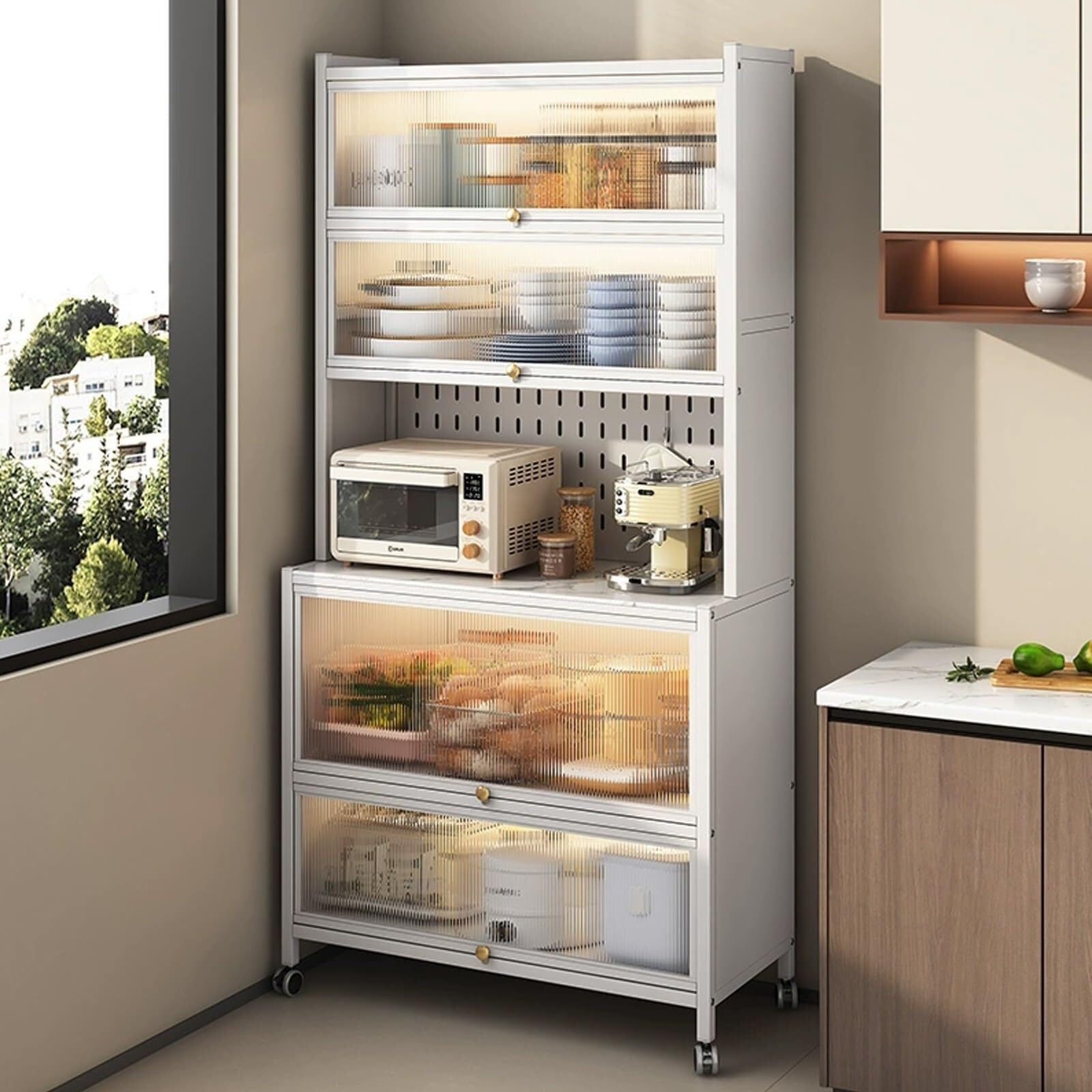 Scaffale da cucina a 6 ripiani con anta a ribalta, piedini regolabili, salvaspazio, supporto per forno a microonde e nero, 60 cm, perfetto per piccoli spazi