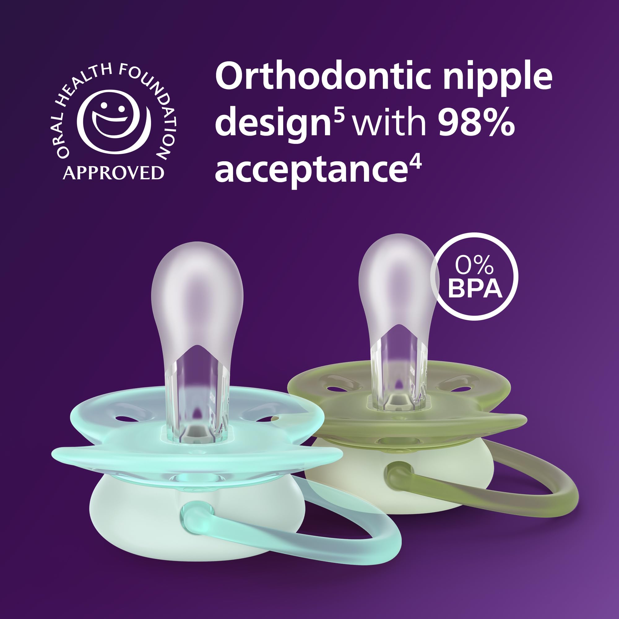 Philips Avent Ultra Soft Day & Night Pacifiers - Orthodontic Design, for Babies 0-6 Months, Glow in the Dark, Symmetrical Silicone Nipple, BPA-free, 2 Sterilizing Cases, 4 Pack, SCF094/09 - 3