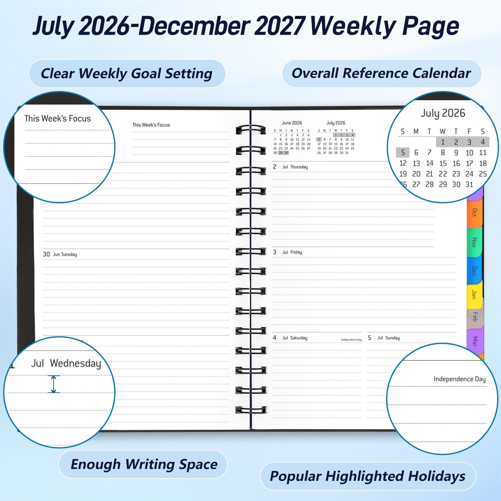 Planer dzienny 2024-2025, planer 18-miesięczny z zakładkami, kalendarz, roczny, miesięczny, tygodniowy, spiralny planer zarządzania czasem, lipiec 2024–grudzień 2025, elastyczna okładka, gruby papier
