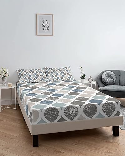 Miniatura 6 de Juego de sábanas bajeras para cama de tamaño Queen, diseño vintage marroquí retro a cuadros, sábanas de 3 piezas, sábanas de bolsillo profundo para