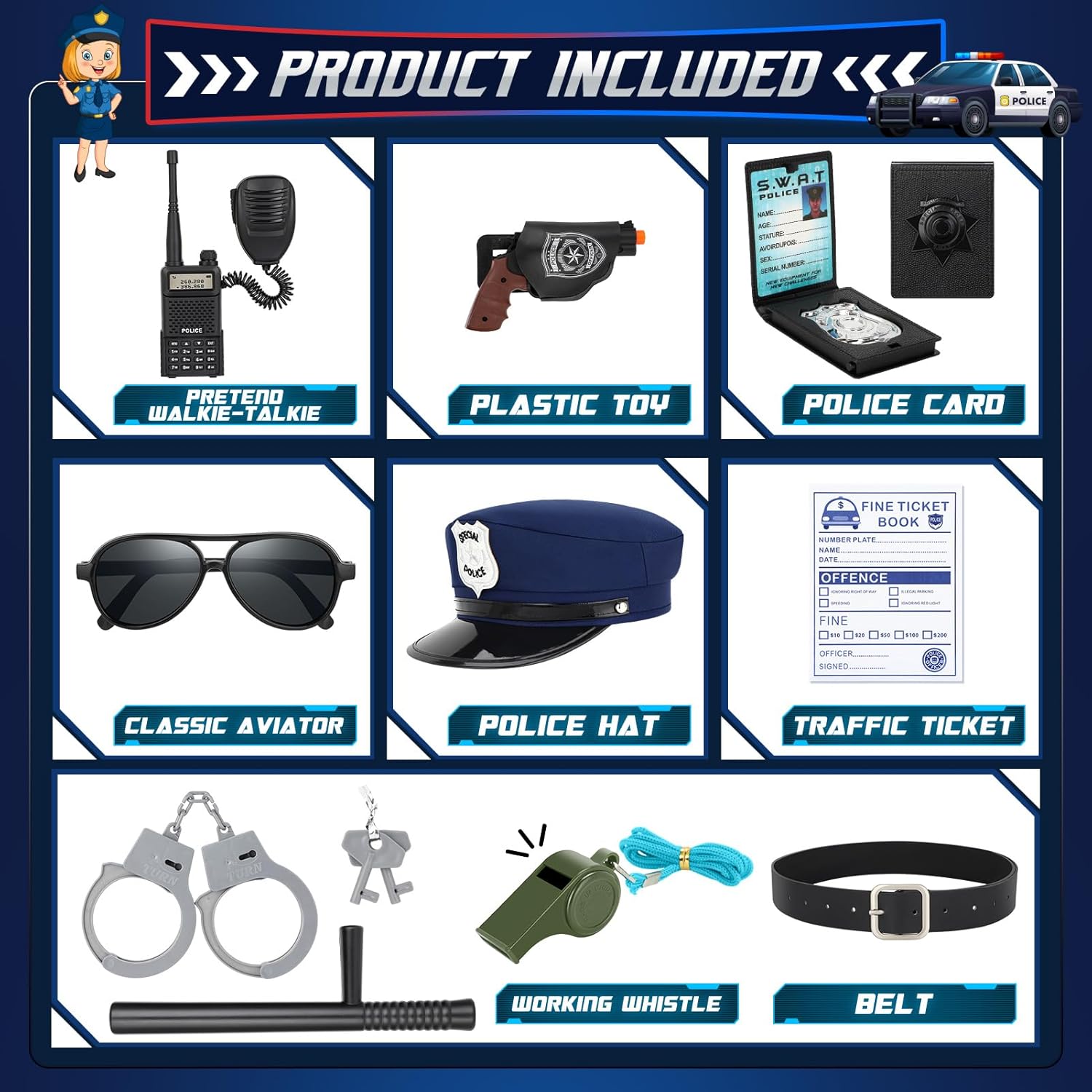 Luucio Police Officer Costume for Girls, Police Costume for Kids with Cop Gear Uniform, Halloween Costumes for Girls