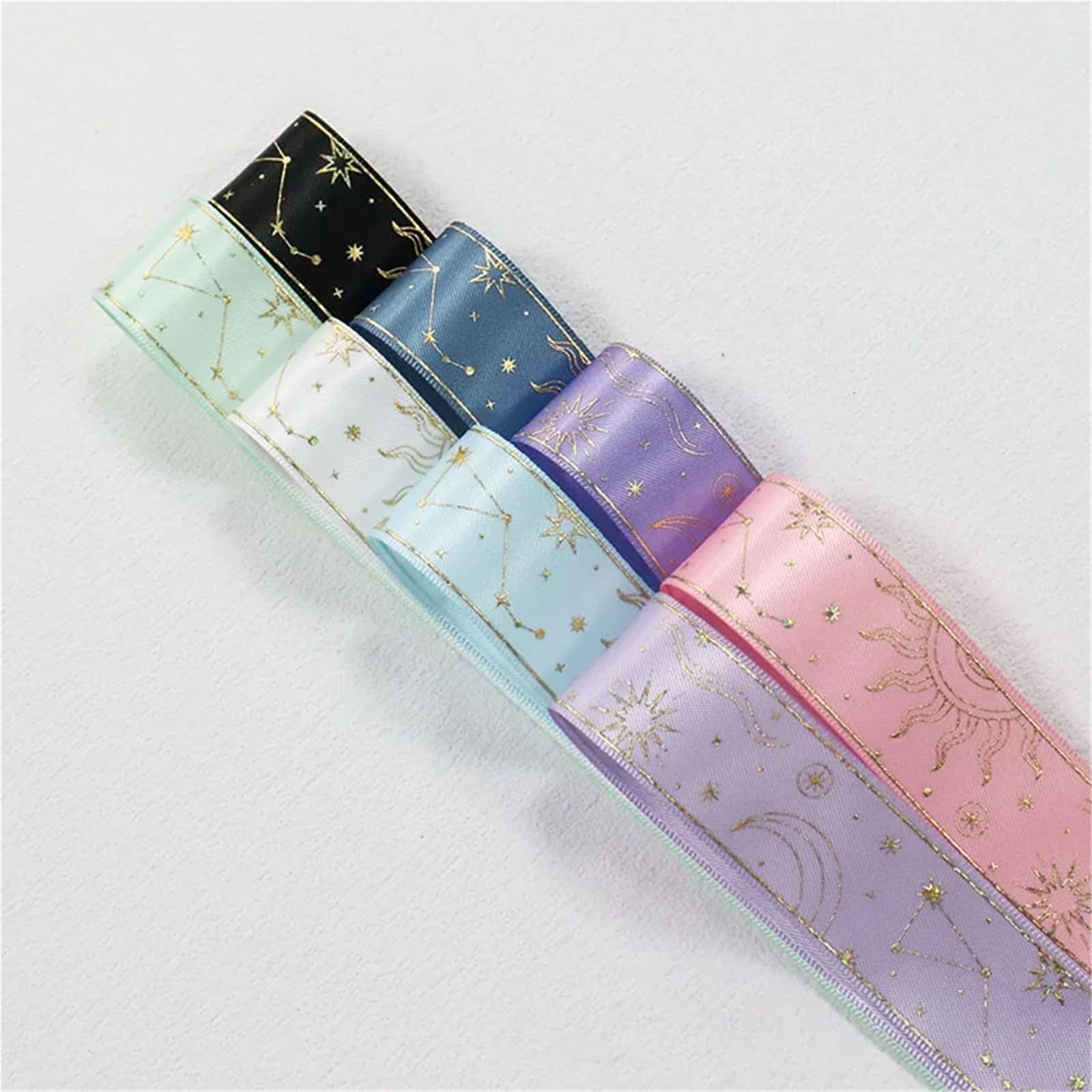 3 Rollen 25 Mm Goldfolie, Sonne, Mond, Sterne, Bedrucktes Satinband For Geschenkverpackungen, DIY-Nähmaterial, Geschenkverpackung Fur Dekoration(LightBlue,100Yards)
