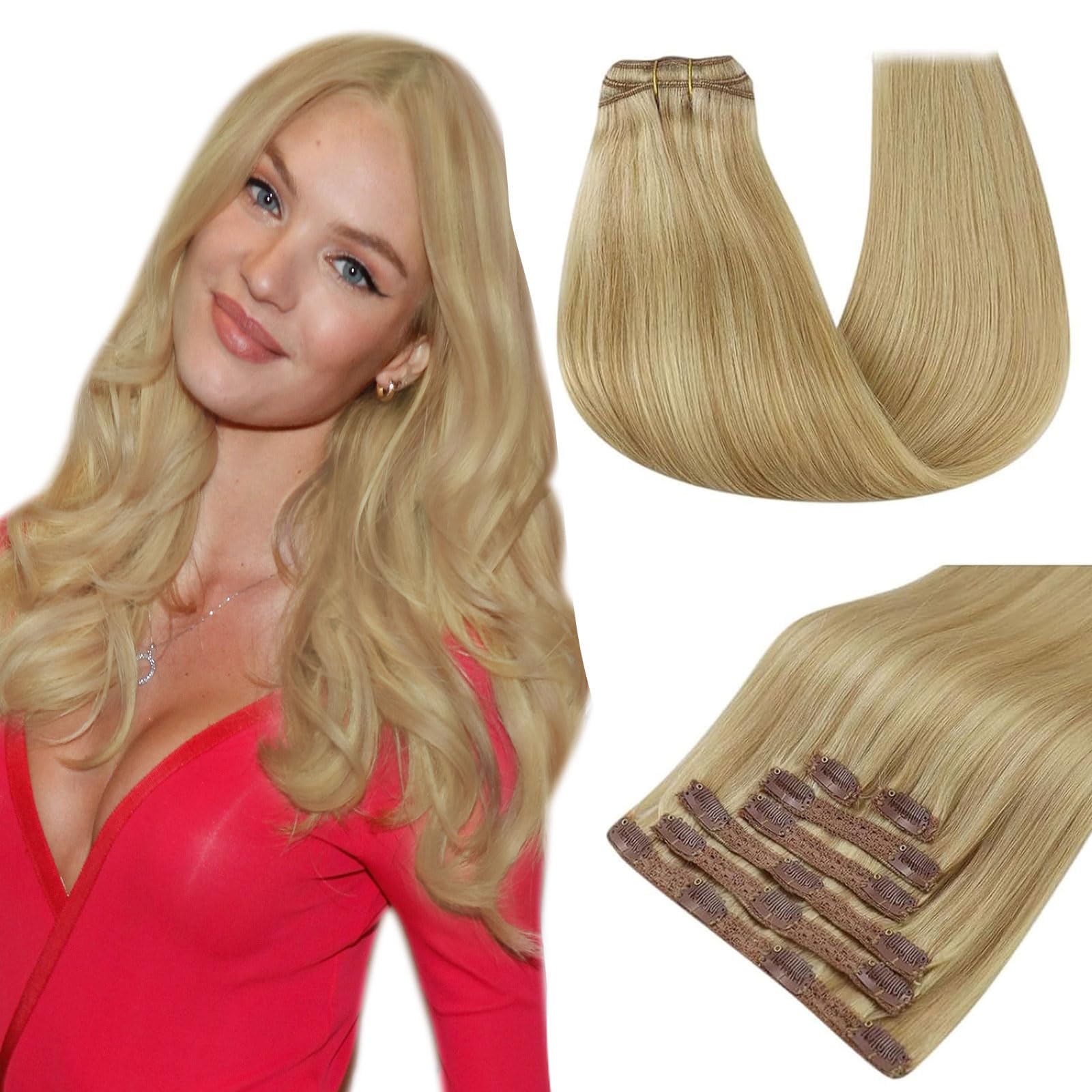 RUNATURE Extensiones Pelo Natural Clip Rubio Extensiones de Clip de Pelo Natural Corto Rubio Oscuro con Rubio Claro Extension de Pelo Liso con Clip 10 Pulgadas/25cm 7 Piezas 80g #16P24