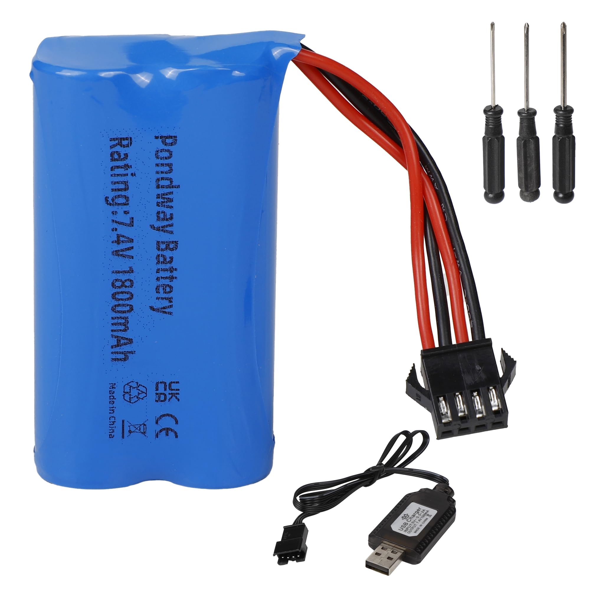 PONDWAY Batterie Li-ion 1800mAh 7.4V SM-4P – Compatible EC08 RC – Pour Bateau, Voiture, Drone – Avec Câble USB
