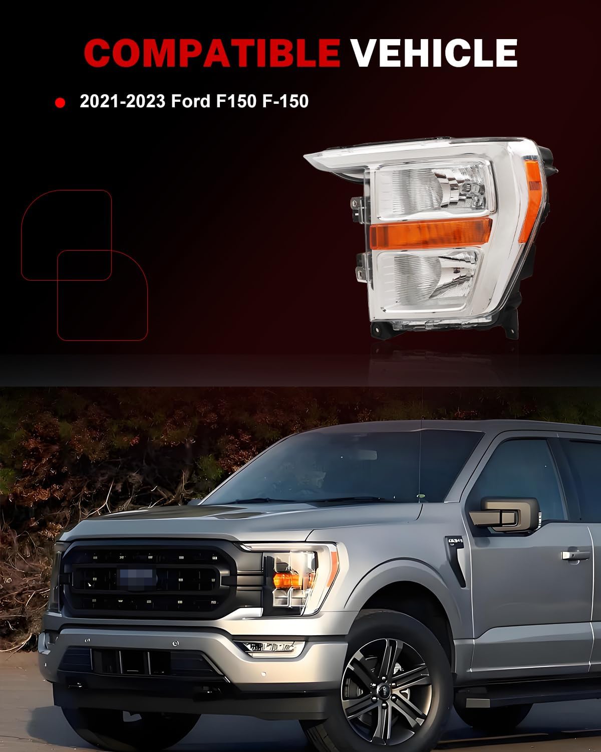 Headlight Assembly Compatible with Ford F150 F-150 2021 2022 2023, [Bulbs Included] Left/Driver Side, Headlamp Replacement with Clear Lens