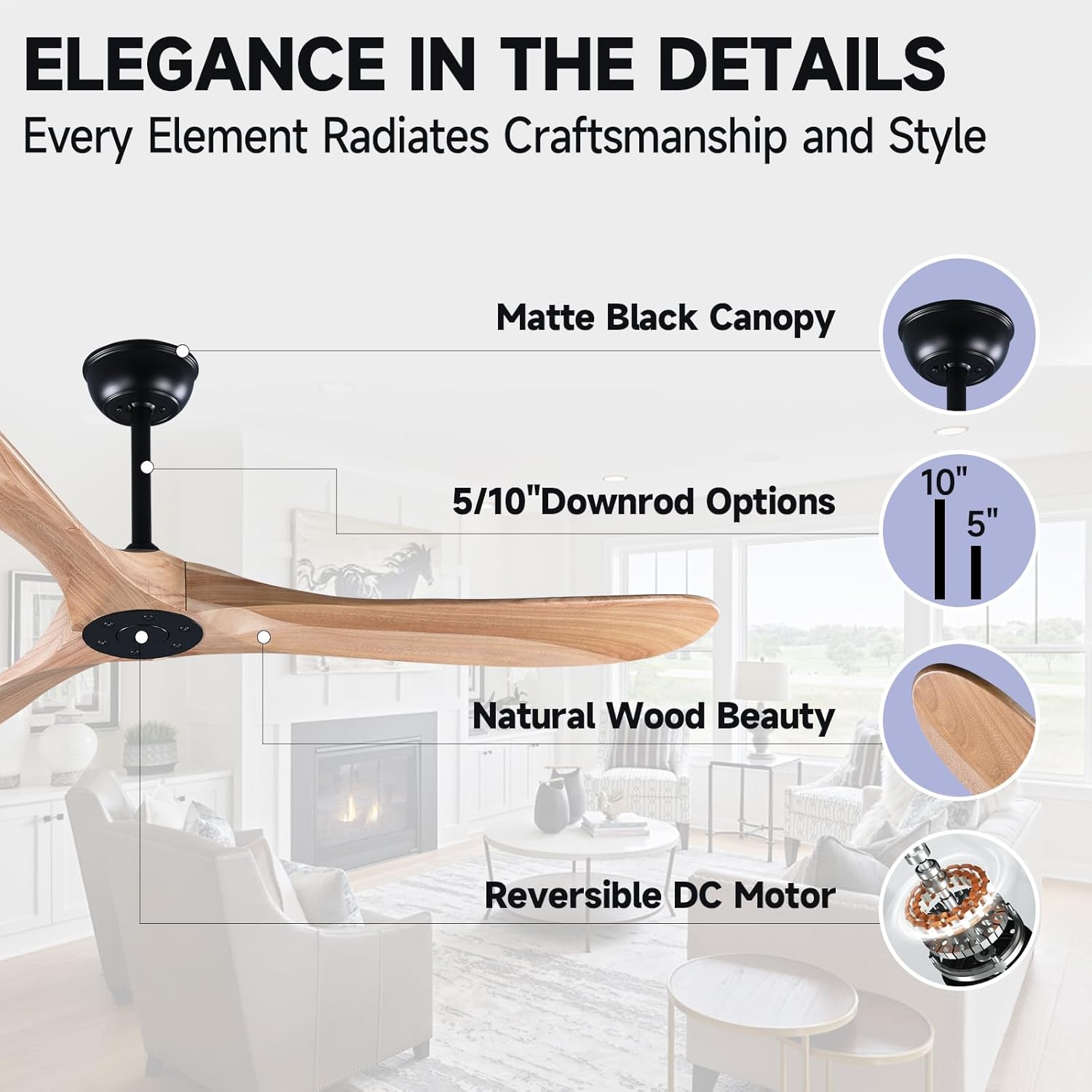 Ceiling Fan No Light, 70 Inch Modern Solid Wood Ceiling Fan with Remote, Quiet DC Motor, Flush Mount Low Profile Indoor or Covered Patio Ceiling Fan for Bedroom Living Room