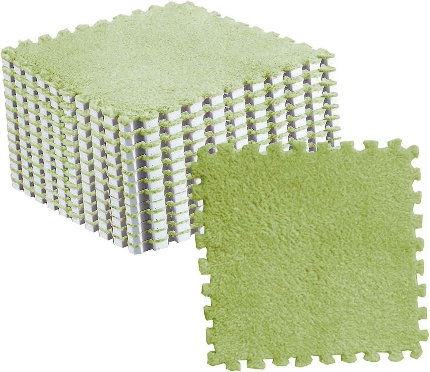 10pcs Plush Puzzle Floor Foam Mat Tiles Fluffy Cuttable Non Slip Interlocking Carpet Tiles (Fluorescent Green)