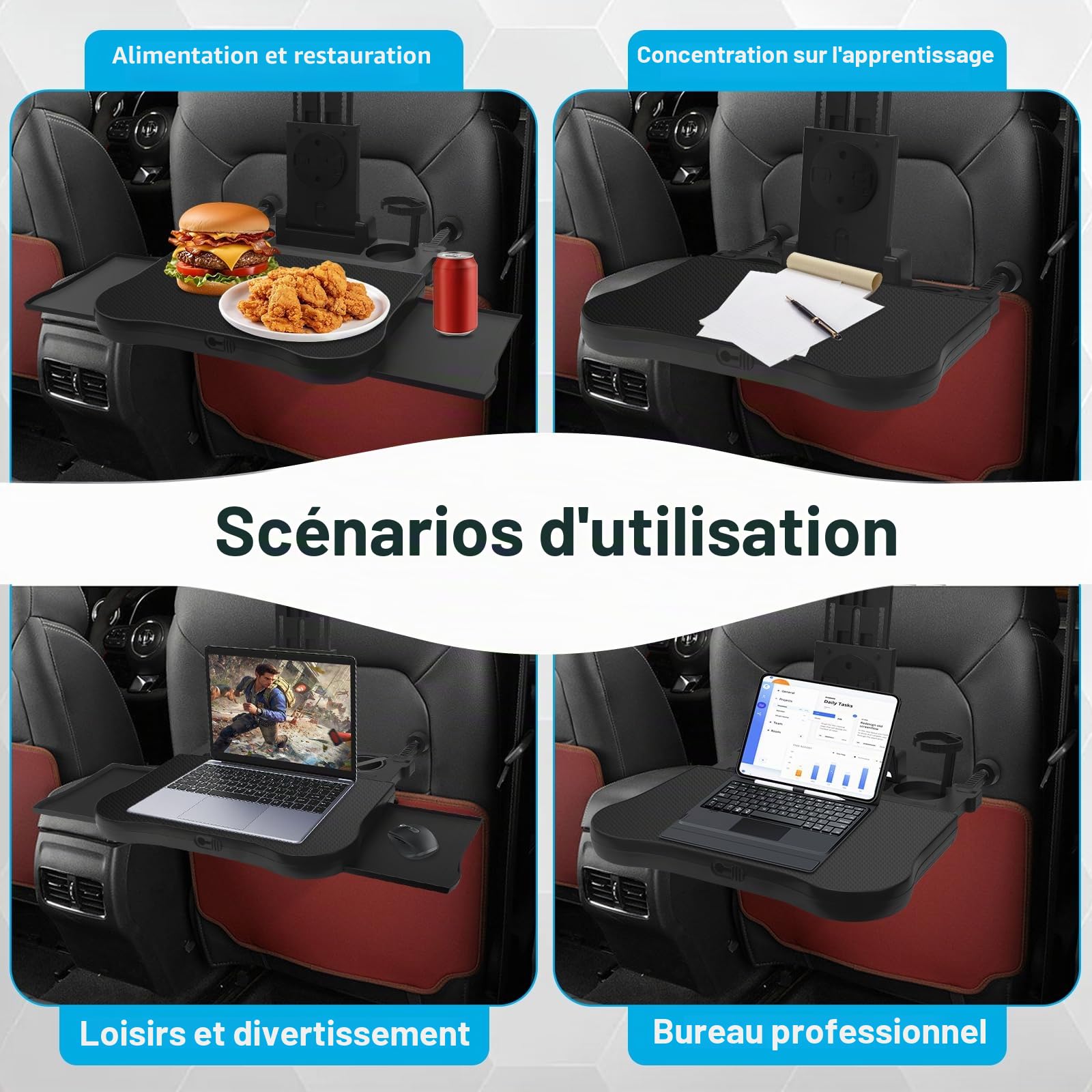 Table De SièGe ArrièRe De Voiture Portable avec Porte-Gobelet, Support De TéLéPhone Portable, Table Pliante RéGlable en Hauteur avec Tapis AntidéRapant pour Voyager, Travailler, Manger