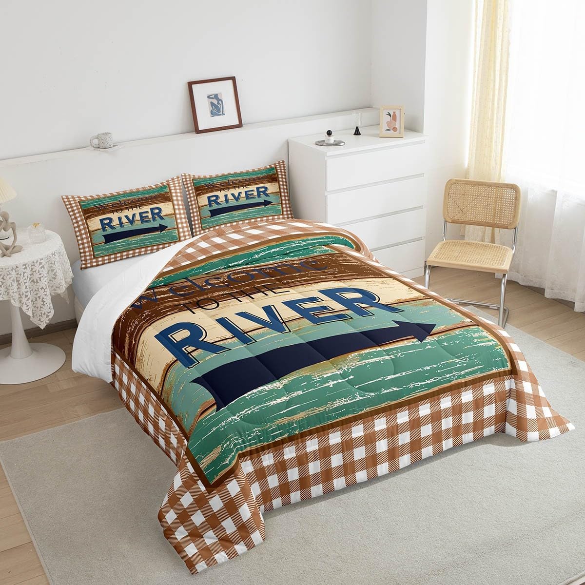 Erosebridal River Lake House Bedding Set King Rustic Lodge Cabin Comforter Set, Retro Barn Door Striped Duvet Insert Teal Brown Quilt Sets, Grid Checkered Bedding Comforters & Sets 3 Pieces