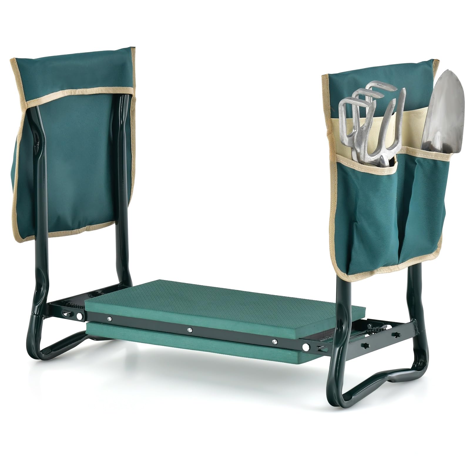 KOMFOTTEU 2 en 1 Banco de Rodilla Plegable, Taburete Arrodillado para Jardinería con Cojín Grueso, Taburete de Trabajo para Arrodillarse y Sentarse, Carga 150 kg (con 2 Bolsa de Herramientas)