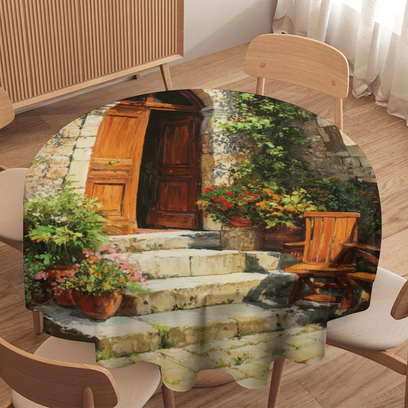 LUYYSKY Colorful Realistic Stone House Round Tablecloth Vintage Classic Italian Spring Garden Plant Flowers Print Washable Decor for Table Cover for Kitchen-91.4" Wx91.4 L cm
