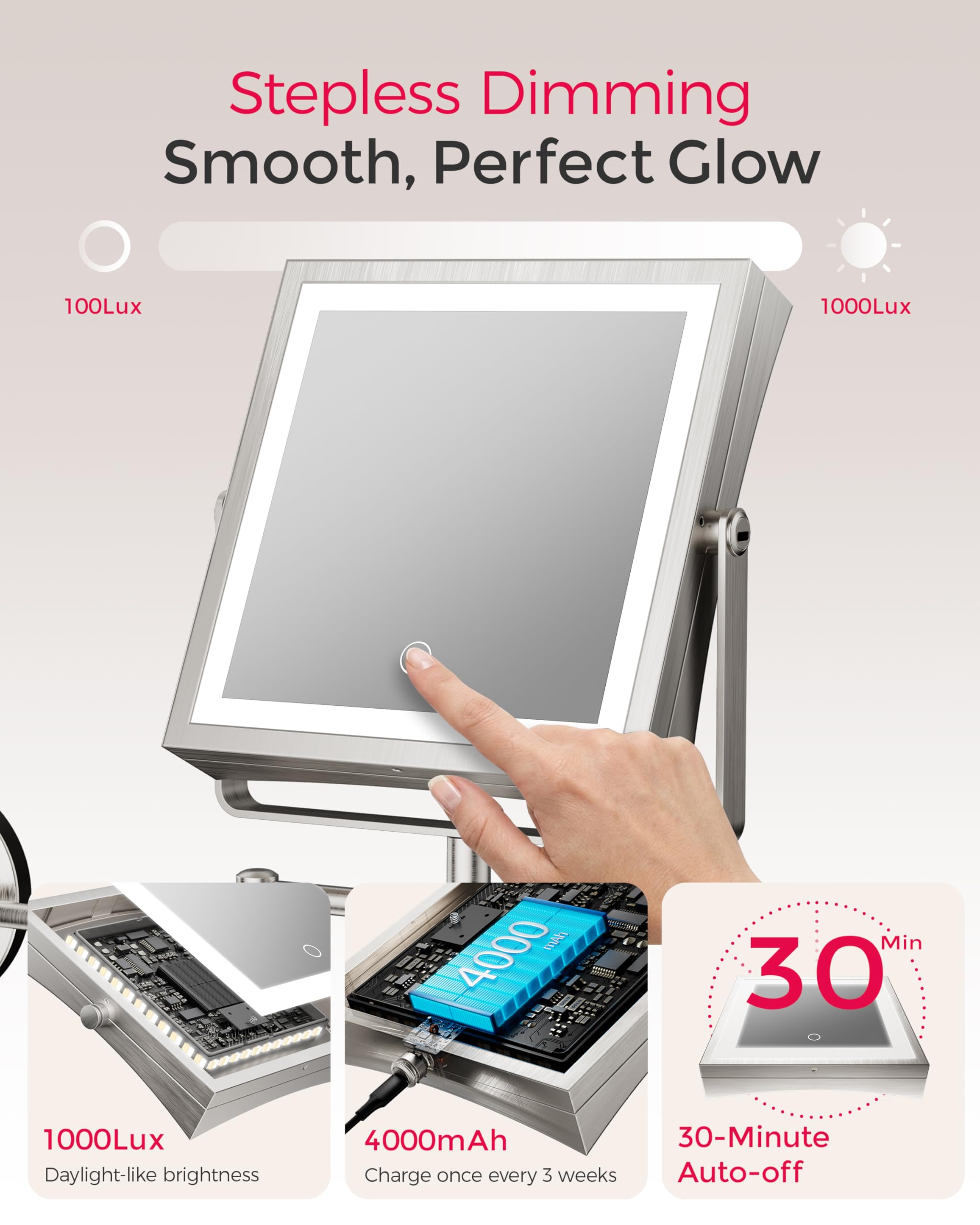 Espejo de maquillaje recargable montado en la pared con luces, 4000 mAh, doble cara, 1X/10X, espejo de tocador con 3 luces de color, regulable al tacto, brazo plegable de extensión de 360°