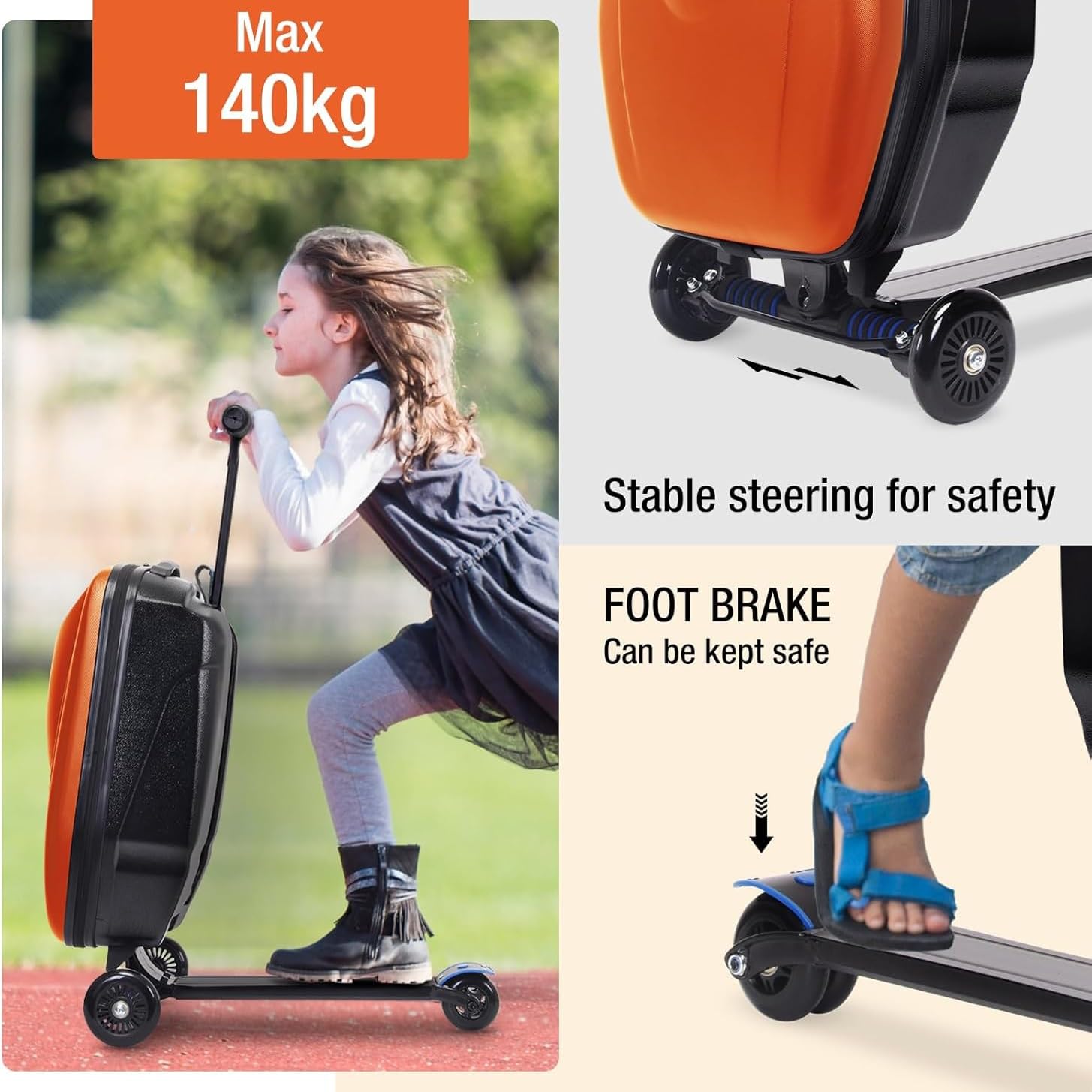 Ride On Luggage Scooter – 2 w 1 składana walizka transportowa dla dzieci w wieku 4-15 lat, wielofunkcyjna podróżna walizka na kółkach, pomarańczowy, M