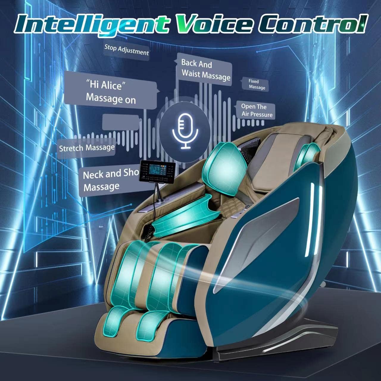 HealthRelife A337 Massage Chair with an overlay showing intelligent voice control commands like 'Massage on', 'Stretch Massage', 'Back And Waist Massage'.