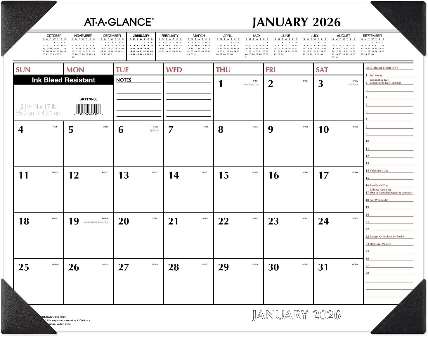 2026 Monthly Desk Pad Calendar 21.75" x 17", White/Black (SK1170-00-26)