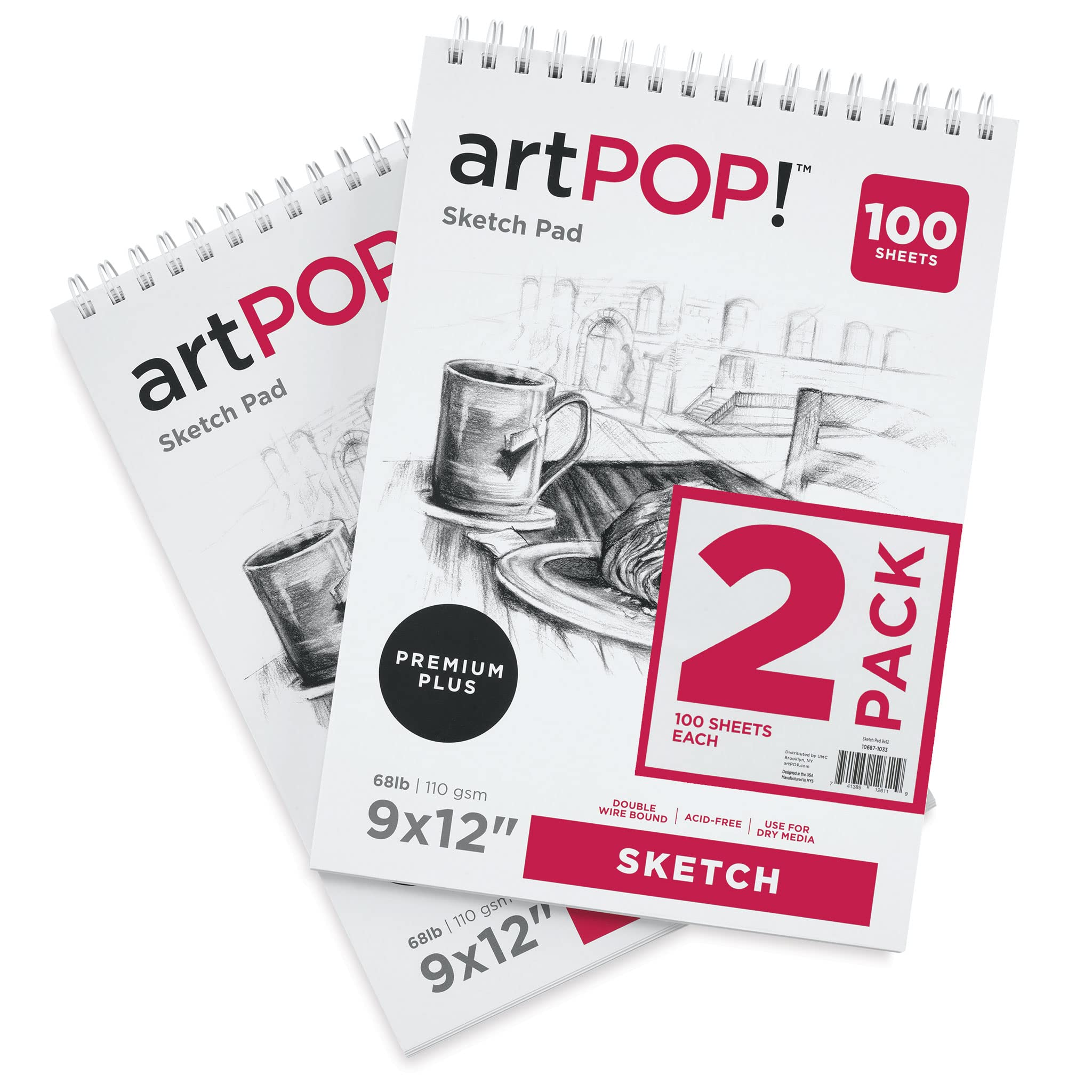 artPOP! Sketch Pads, 2-Pack, 9" x 12", 100 Sheets Each, 68 lb (110 GSM), Acid Free Paper for Dry Media, Top Wirebound Sketchpad for Drawing with Ink, Colored Pencil, Graphite, Charcoal, Pastels