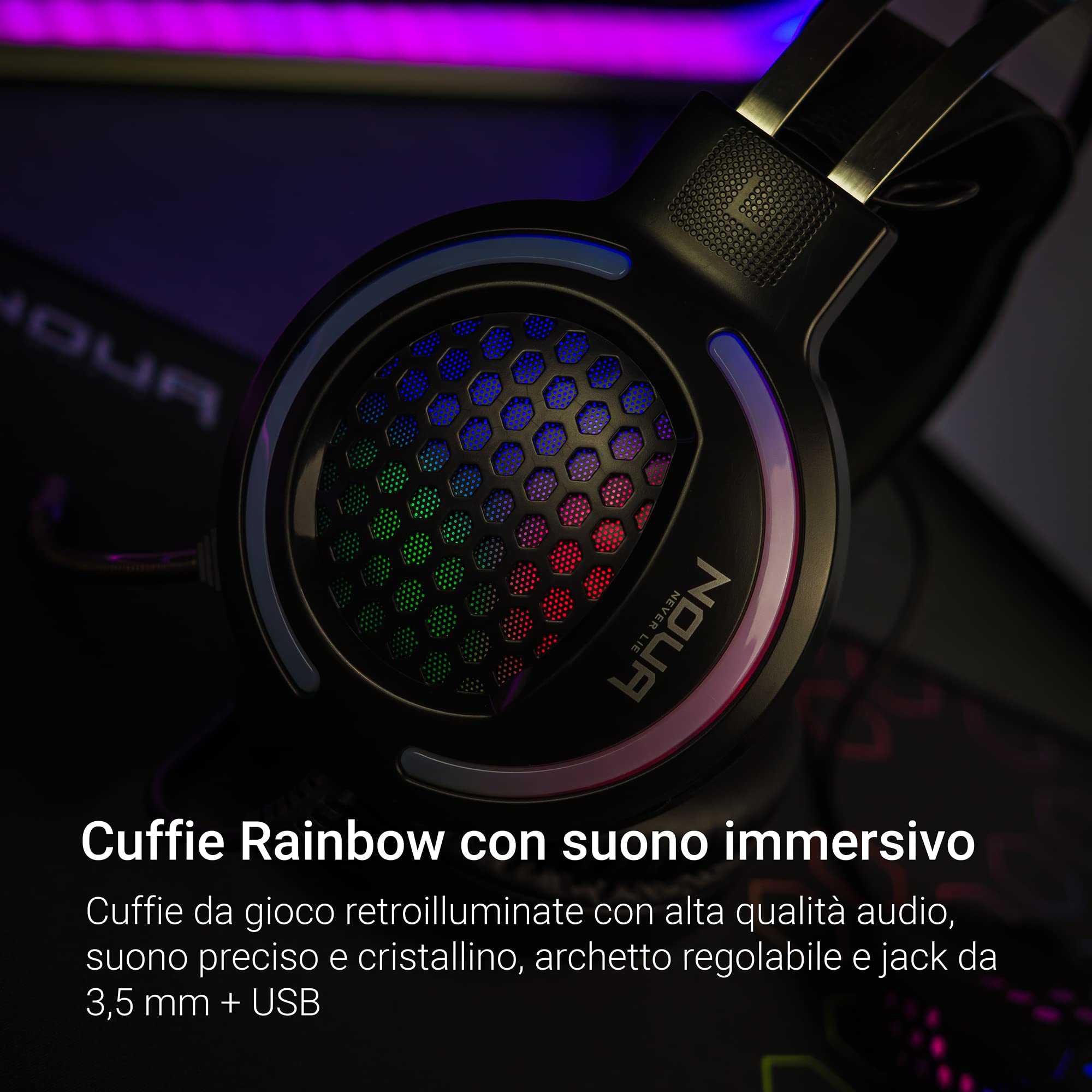 Noua Uranus Kit Gaming 3 in 1 Mouse + Cuffie + Tappetino - Combo per PC Mouse RGB 7200 dpi, Cuffie con Microfono, Tappetino per Mouse