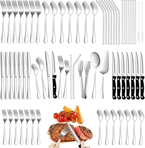Juego de cubiertos de 69 piezas con cuchillo de carne para 8, cubiertos plateados de acero inoxidable, cucharas y tenedores de pulido de espejo con