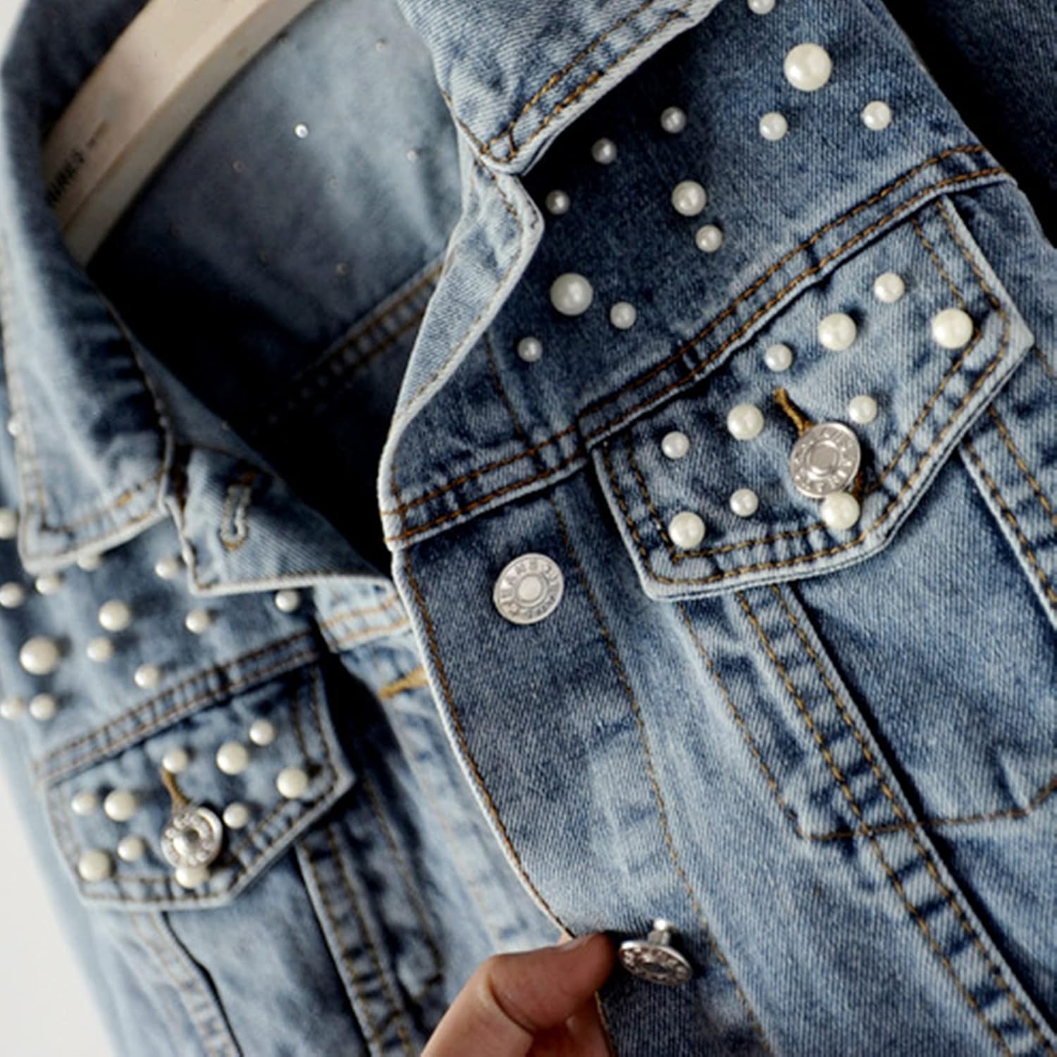 Oversize Pearl Embroidered Women's Ripped Distressed Casual Long Sleeve Denim Jacket Coat - Image 2