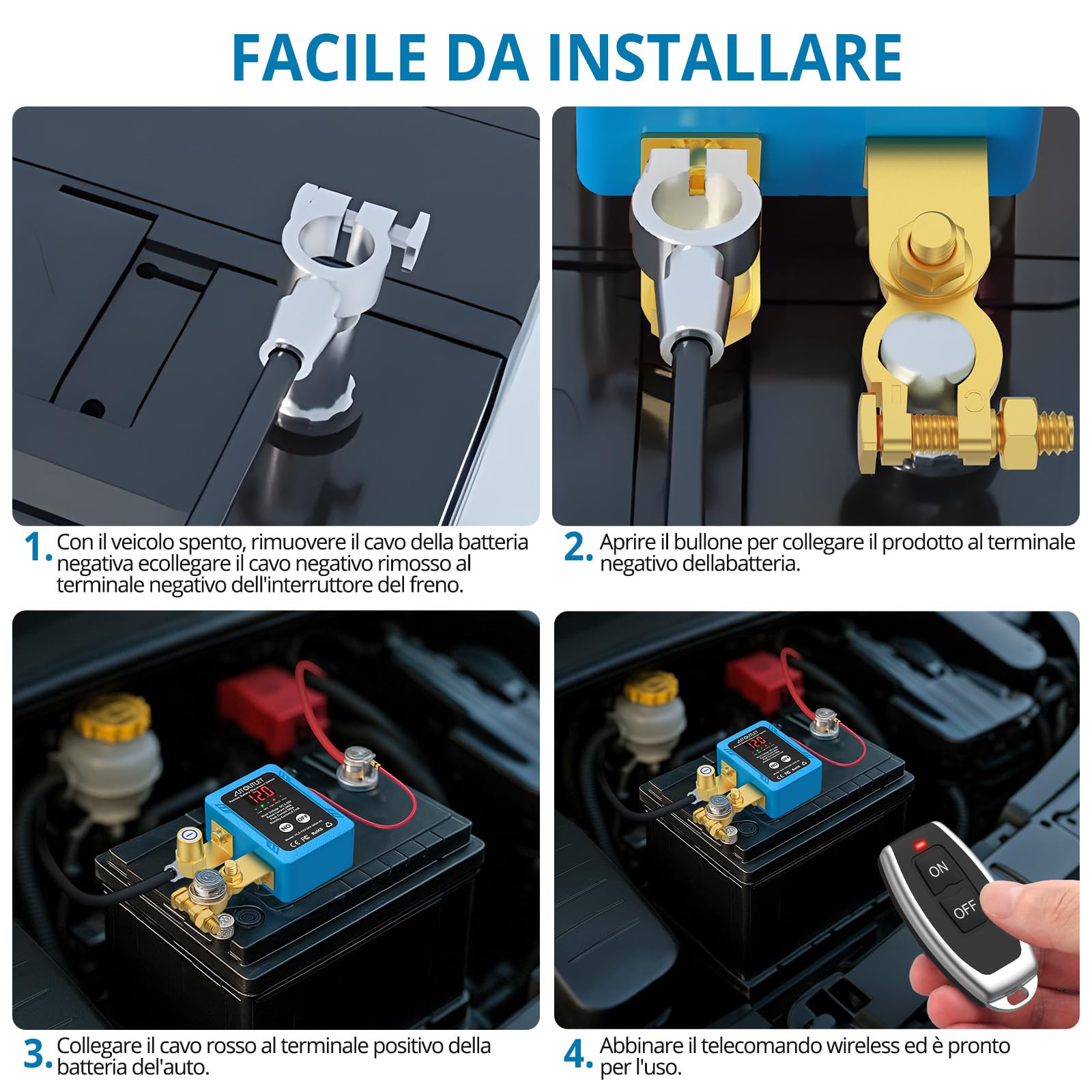 AUTOUTLET Stacca Batteria per Auto DC 6V-30V 240A, Sezionatore Auto Remoto Senza Fili con Telecomando e Chiave Inglese per Camion Barca RV Roulotte,Display LCD e Spegnimento Automatico