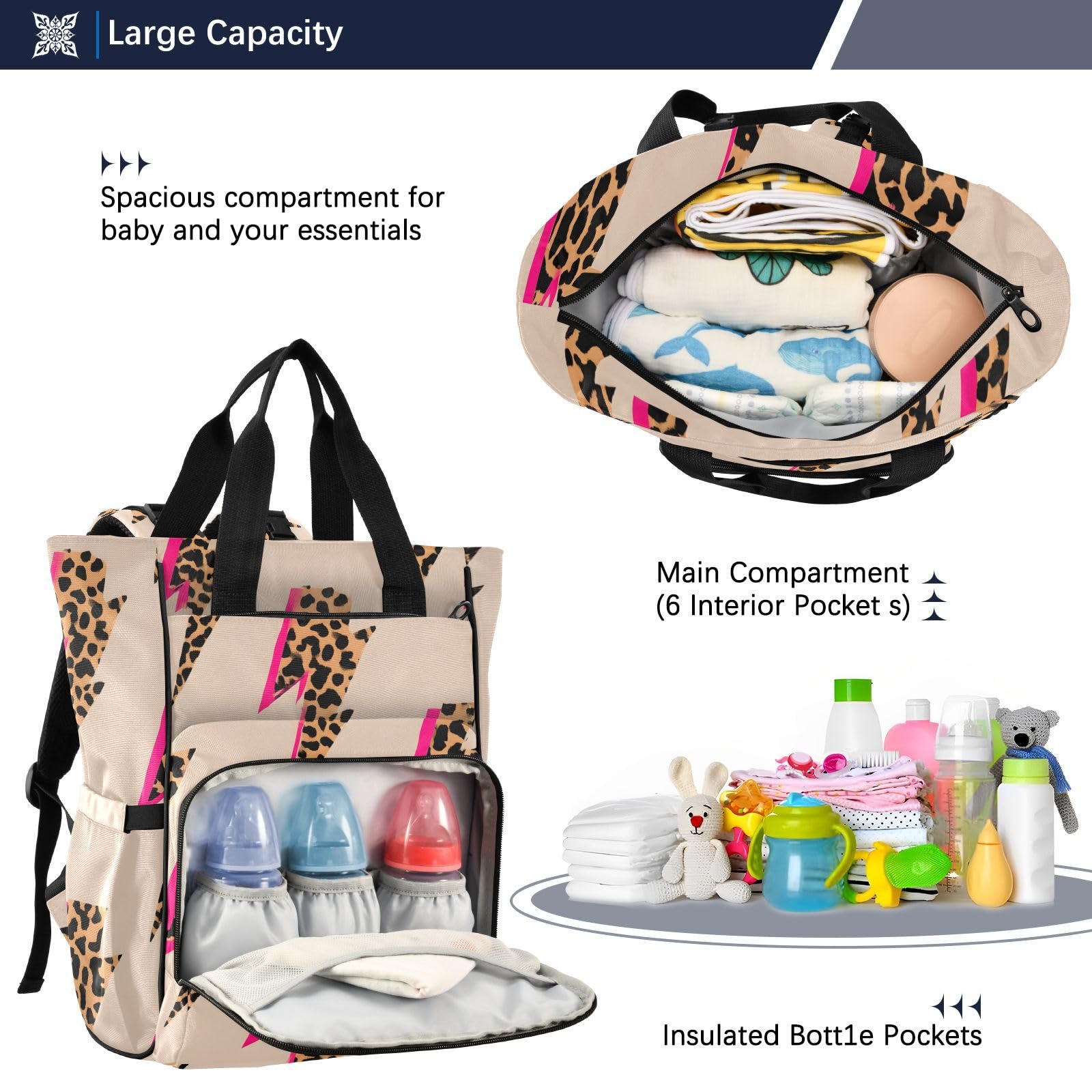 Sac à dos à langer multifonction avec poches isothermes, motif léopard éclair, Motif imprimé léopard éclair, taille unique