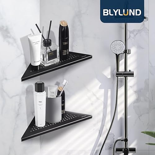Miniatura 2 de BLYLUND Estantes esquineros de ducha de 10 pulgadas, color negro, paquete de 2, estante esquinero empotrado de acero inoxidable para pared de