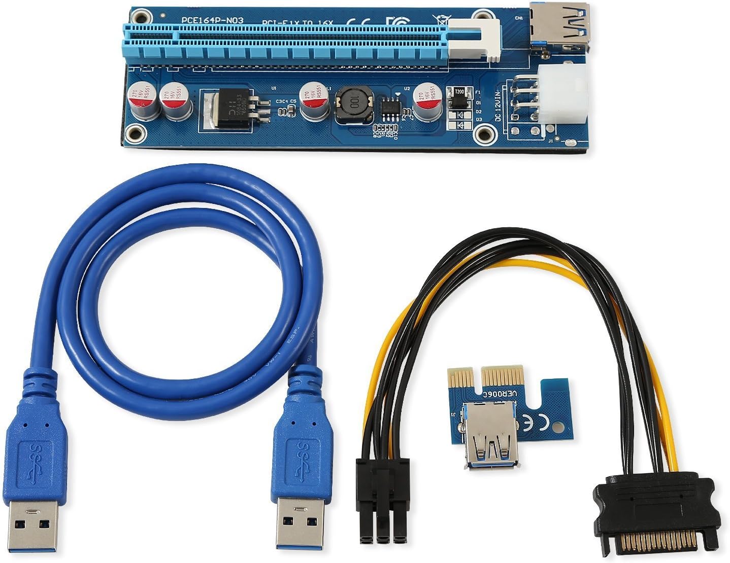 PCIe Riser VER006C, PCI-E 1x to 16x Powered Riser Adapter Card, 60cm USB 3.0 Extension Cable, 6pin Molex to SATA Power Cable, GPU Riser Adapter Ethereum Mining ETH