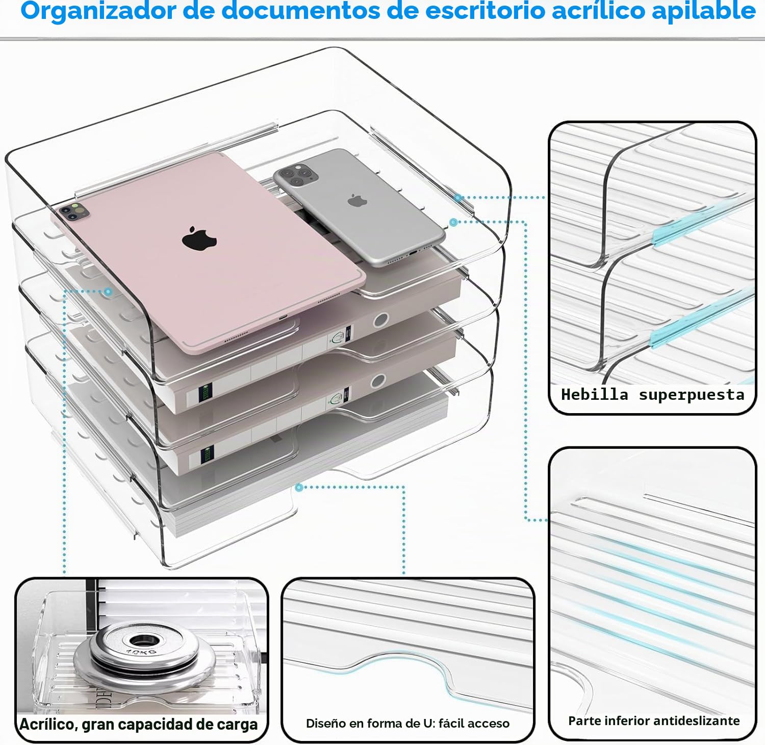 LATERN 4 Piezas Bandejas Organizadoras de Papel para Cartas, Bandeja Apilable de Acrílico para Archivar Papel A4 Portadocumentos Transparente Organizador para Libros Notas Hogar Oficina Escuela